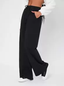 SHEIN Tall 素色腰部抽繩闊腿衛褲 - 黑色 - 查看 5