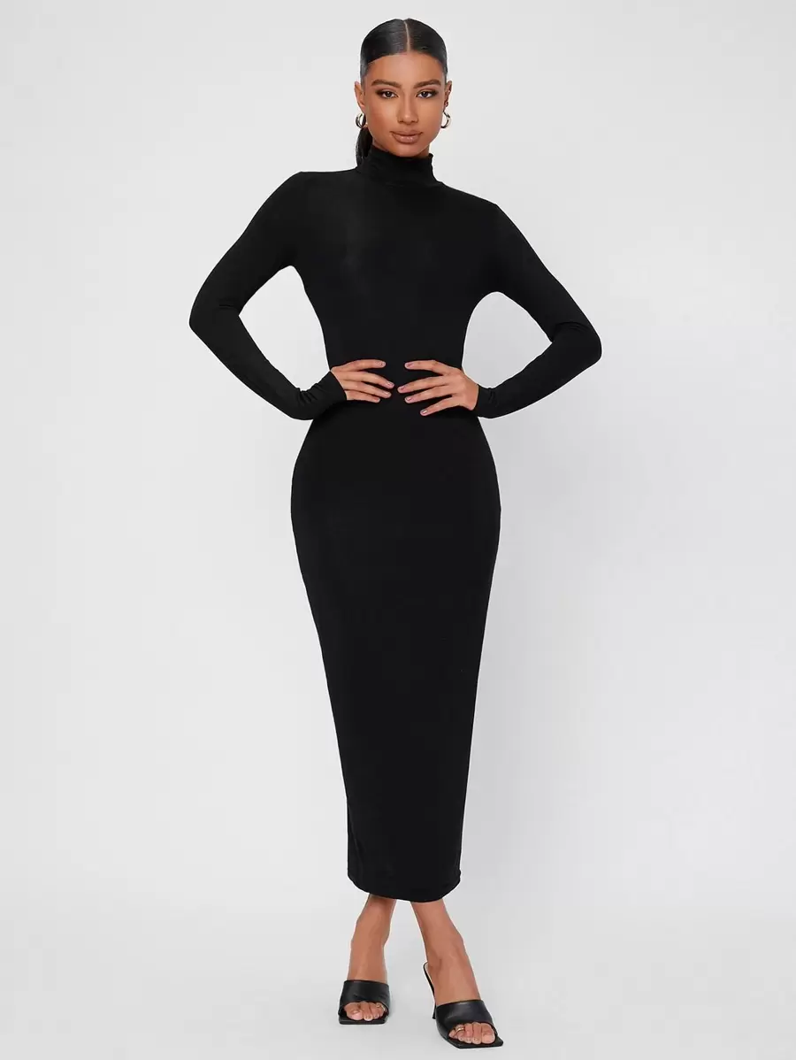 SHEIN Tall Solid High Neck Bodycon Dress - Black - View 1