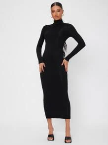 SHEIN Tall Solid High Neck Bodycon Dress - Black - View 3