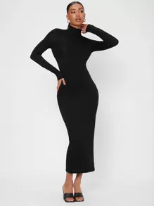 SHEIN Tall Solid High Neck Bodycon Dress - Black - View 4