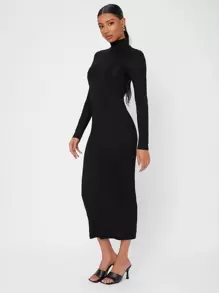 SHEIN Tall Solid High Neck Bodycon Dress - Black - View 5