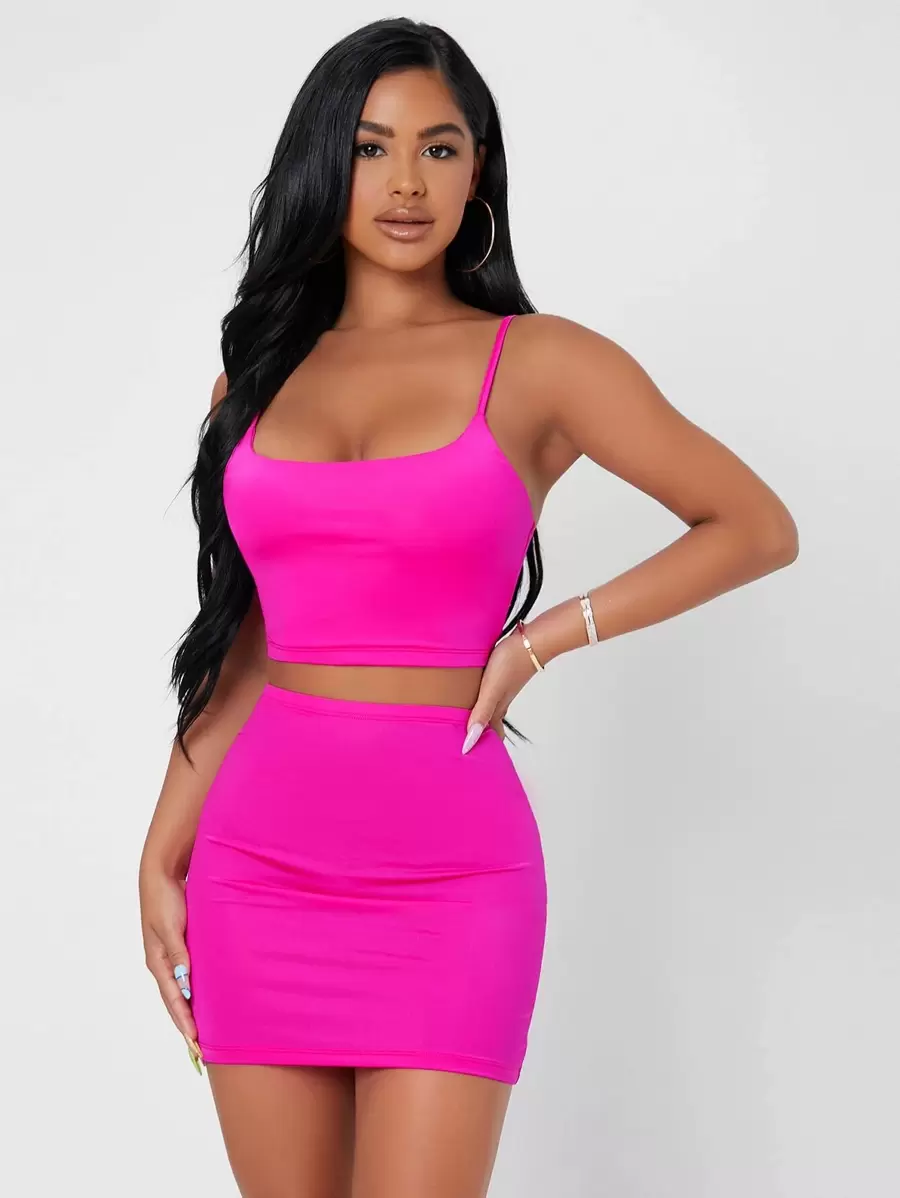 SHEIN PETITE Solid Cami Crop Top & Bodycon Skirt Set - Hot Pink - View 1