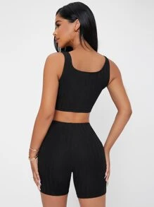 SHEIN PETITE Bộ đồ hai mảnh nữ Gân đan màu trơn Giải trí - màu đen - Xem 2