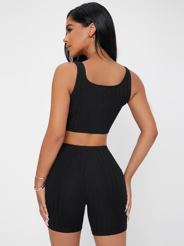 SHEIN PETITE Bộ đồ hai mảnh nữ Gân đan màu trơn Giải trí - màu đen - Xem 2