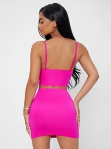SHEIN PETITE Solid Cami Crop Top & Bodycon Skirt Set - Hot Pink - View 2