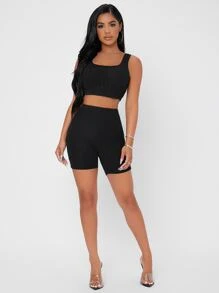 SHEIN PETITE Bộ đồ hai mảnh nữ Gân đan màu trơn Giải trí - màu đen - Xem 3