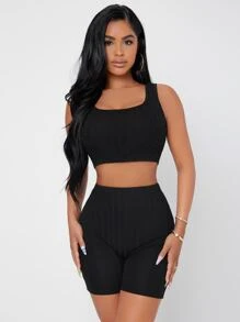 SHEIN PETITE Bộ đồ hai mảnh nữ Gân đan màu trơn Giải trí - màu đen - Xem 4