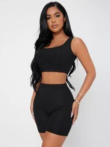 SHEIN PETITE Bộ đồ hai mảnh nữ Gân đan màu trơn Giải trí - màu đen - Xem 5