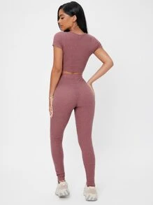 SHEIN PETITE Bộ đồ hai mảnh nữ Thắt nút màu trơn Giải trí - Gỗ đỏ - Xem 2