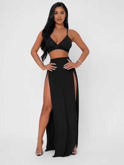 SHEIN PETITE Solid Cami Crop Top & Split Thigh Summer Black Skirt Set