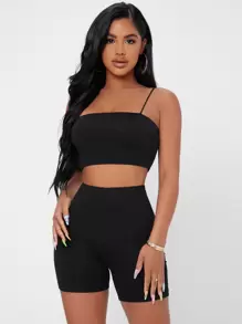 SHEIN PETITE 素色吊帶短上衣和騎行褲套裝 - 黑色 - 查看 1