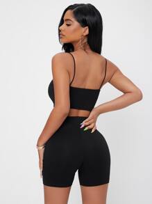 SHEIN PETITE 素色吊帶短上衣和騎行褲套裝 - 黑色 - 查看 2