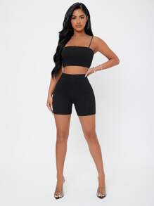 SHEIN PETITE 素色吊帶短上衣和騎行褲套裝 - 黑色 - 查看 3