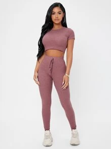 SHEIN PETITE Bộ đồ hai mảnh nữ Thắt nút màu trơn Giải trí - Gỗ đỏ - Xem 3