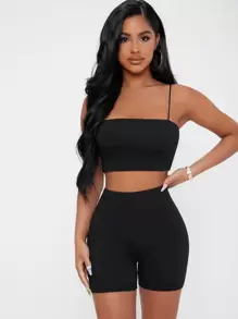 SHEIN PETITE 素色吊帶短上衣和騎行褲套裝 - 黑色 - 查看 4