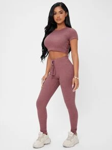 SHEIN PETITE Bộ đồ hai mảnh nữ Thắt nút màu trơn Giải trí - Gỗ đỏ - Xem 4