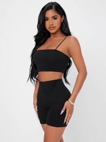 SHEIN PETITE 素色吊帶短上衣和騎行褲套裝 - 黑色 - 查看 5