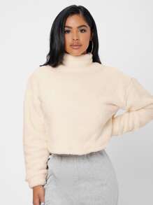 SHEIN PETITE Funnel Neck Drop Shoulder Flannel Sweatshirt,Long Sleeve Tops In Fall/Winter - Apricot - View 1