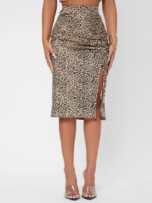 SHEIN PETITE 高腰豹紋印花抽繩開衩側半身裙 - 彩色 - 查看 1