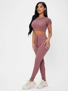 SHEIN PETITE Bộ đồ hai mảnh nữ Thắt nút màu trơn Giải trí - Gỗ đỏ - Xem 5