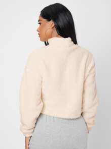 SHEIN PETITE Funnel Neck Drop Shoulder Flannel Sweatshirt,Long Sleeve Tops In Fall/Winter - Apricot - View 2