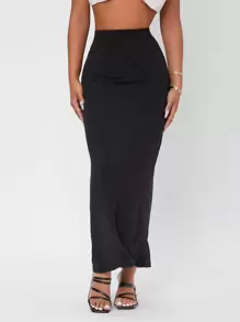 SHEIN PETITE Falda lápiz de cintura alta de color sólido - Negro - Ver 2