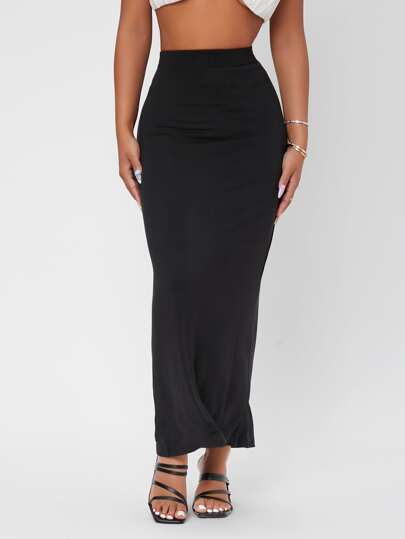 SHEIN PETITE High Waist Solid Pencil Skirt,Fall/Winter,Petite Women