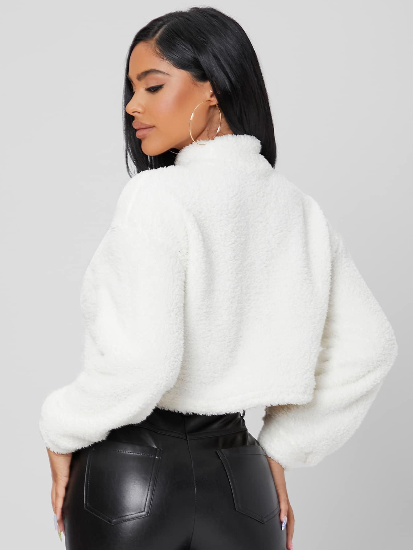 Mock Neck Drop Shoulder Teddy Spring Crop Women Pullover In Fall/Winter