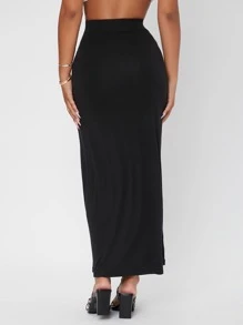 SHEIN PETITE Falda lápiz de cintura alta de color sólido - Negro - Ver 3