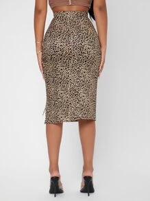 SHEIN PETITE 高腰豹紋印花抽繩開衩側半身裙 - 彩色 - 查看 2