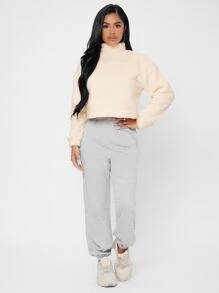 SHEIN PETITE Funnel Neck Drop Shoulder Flannel Sweatshirt,Long Sleeve Tops In Fall/Winter - Apricot - View 7