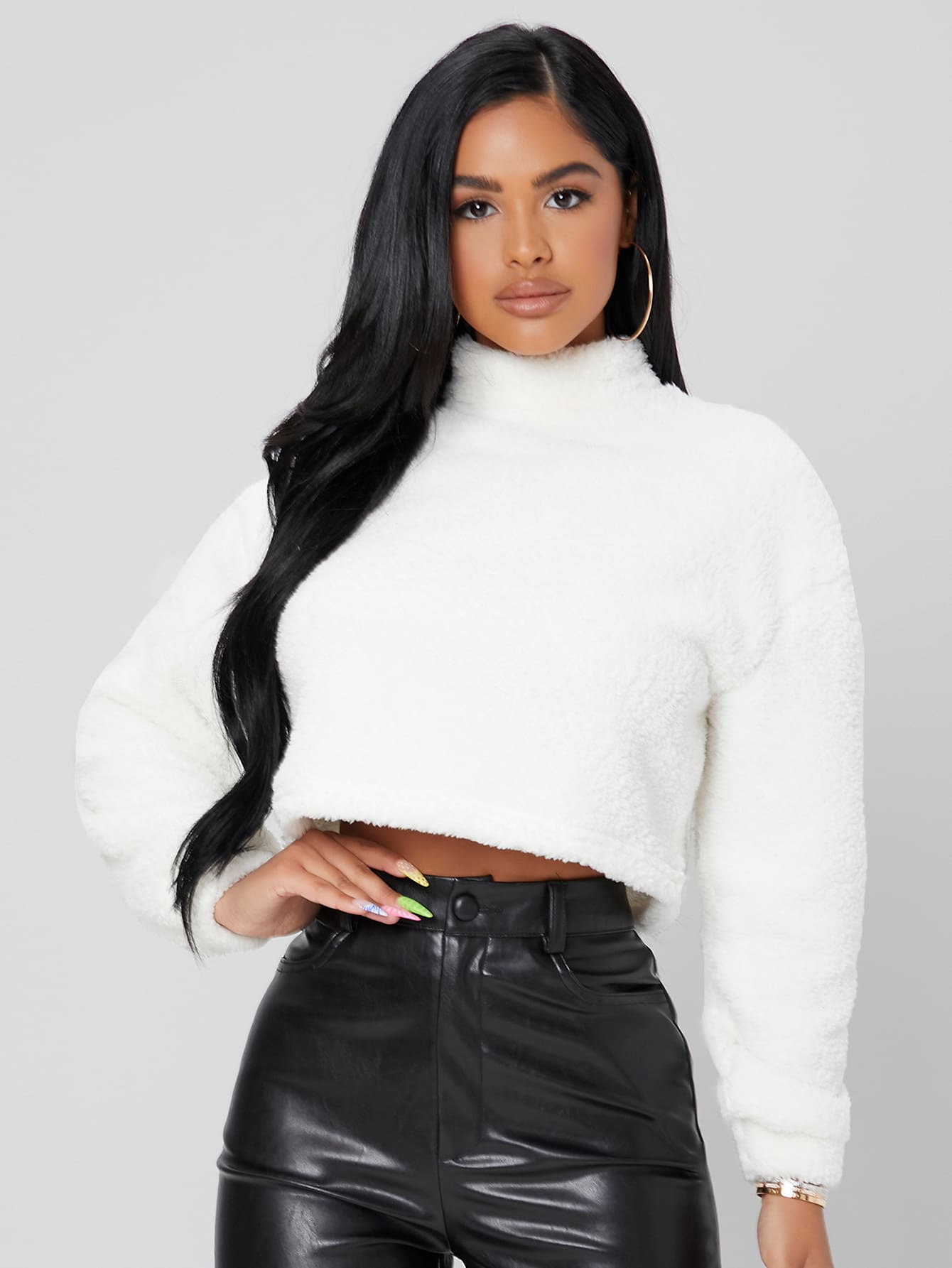 Mock Neck Drop Shoulder Teddy Spring Crop Women Pullover In Fall/Winter