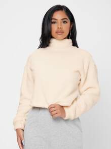 SHEIN PETITE Funnel Neck Drop Shoulder Flannel Sweatshirt,Long Sleeve Tops In Fall/Winter - Apricot - View 4