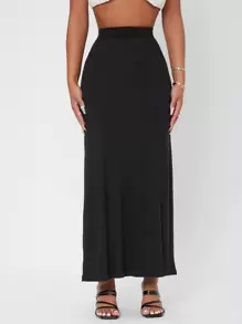 SHEIN PETITE Falda lápiz de cintura alta de color sólido - Negro - Ver 5