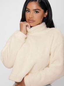 SHEIN PETITE Funnel Neck Drop Shoulder Flannel Sweatshirt,Long Sleeve Tops In Fall/Winter - Apricot - View 5