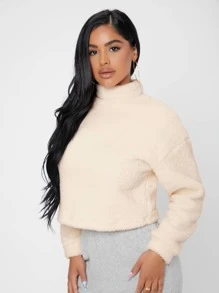 SHEIN PETITE Funnel Neck Drop Shoulder Flannel Sweatshirt,Long Sleeve Tops In Fall/Winter - Apricot - View 6