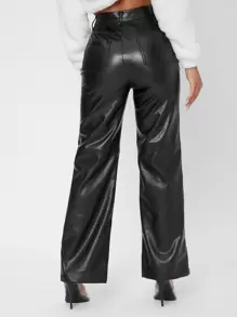 SHEIN PETITE Chất rắn Cao eo Chân thẳng chất liệu da PU Đi ra ngoài Quần - màu đen - Xem 2