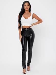 SHEIN PETITE Quần nữ Chia màu trơn Hấp dẫn - màu đen - Xem 3