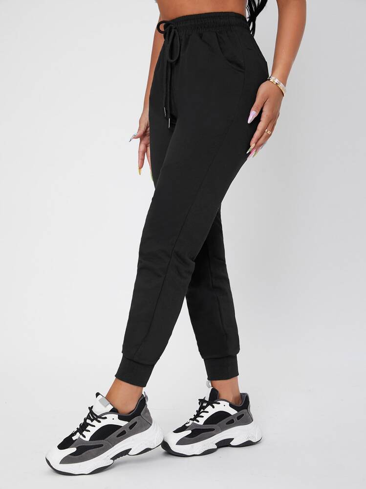 SHEIN PETITE Solid Drawstring Waist Joggers - Black - View 6