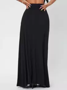 SHEIN PETITE 素色高腰超長半身裙 - 黑色 - 查看 2