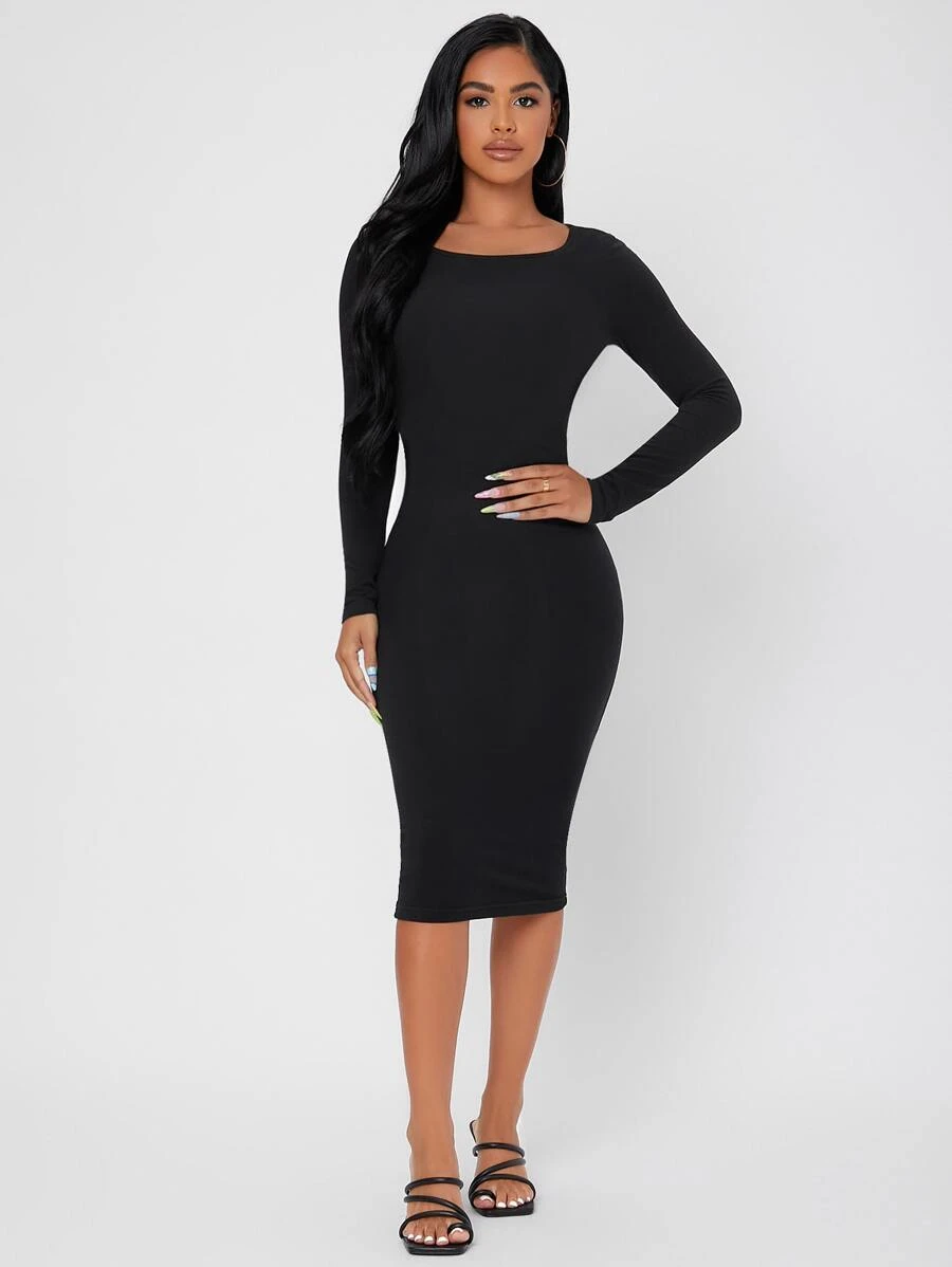 SHEIN PETITE Đầm màu trơn Thanh lịch - màu đen - Xem 1