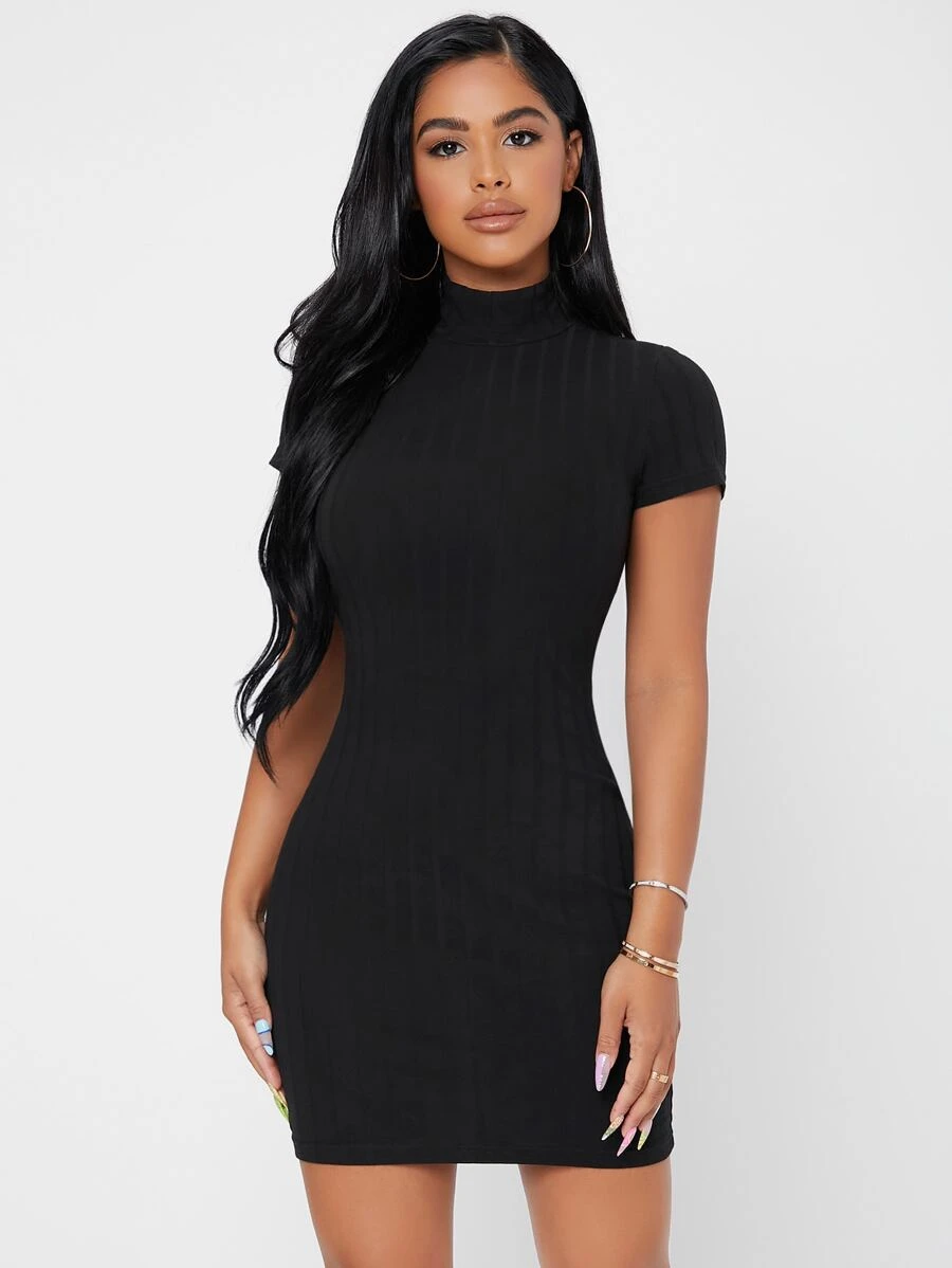 SHEIN PETITE Solid Mock Neck Bodycon Dress - Black - View 1