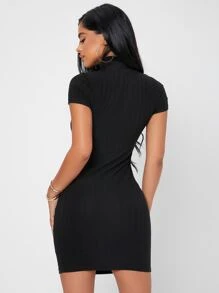 SHEIN PETITE Solid Mock Neck Bodycon Dress - Black - View 2