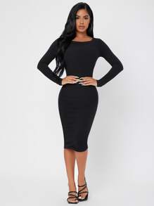 SHEIN PETITE Đầm màu trơn Thanh lịch - màu đen - Xem 3