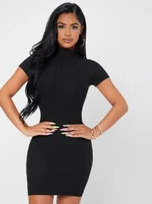 SHEIN PETITE Solid Mock Neck Bodycon Dress - Black - View 4