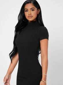 SHEIN PETITE Solid Mock Neck Bodycon Dress - Black - View 5