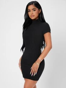 SHEIN PETITE Solid Mock Neck Bodycon Dress - Black - View 6