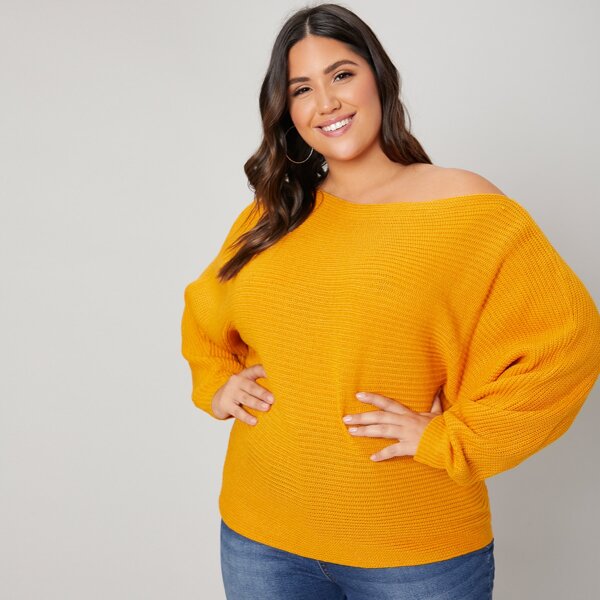 

Plus Boat Neck Batwing Sleeve Sweater, Yellow