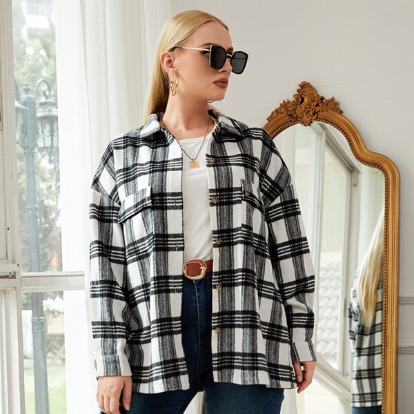 

Plus Plaid Button Front Flap Pocket Drop Shoulder Coat, Black and white