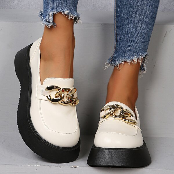 

Chain Decor Flatform Loafers, White